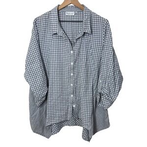 Habitat Blue Gingham Button Down Shirt Top Size L Boho Cottage Lagenlook Flowy
